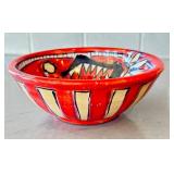 K6 - Karen Kramer Ceramic Bowl - Hand-Painted Red & Beige Stripes