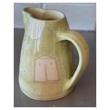 K6 - V. Ross Handcrafted Ceramic Pitcher, Olive Green Glaze With Line Drawings