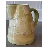 K6 - V. Ross Handcrafted Ceramic Pitcher, Olive Green Glaze With Line Drawings