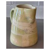K6 - V. Ross Handcrafted Ceramic Pitcher, Olive Green Glaze With Line Drawings