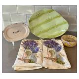 KP - Butter Dish, Green Stripe Platter, Lavender Fields Towels & Mosaic Bowl (Lot of 5)