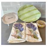 KP - Butter Dish, Green Stripe Platter, Lavender Fields Towels & Mosaic Bowl (Lot of 5)