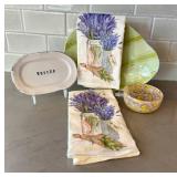 KP - Butter Dish, Green Stripe Platter, Lavender Fields Towels & Mosaic Bowl (Lot of 5)