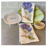 KP - Butter Dish, Green Stripe Platter, Lavender Fields Towels & Mosaic Bowl (Lot of 5)