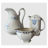 3-Piece Vintage Porcelain Creamer Set - Blue Floral Motifs with Gold Trim