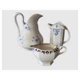 3-Piece Vintage Porcelain Creamer Set - Blue Floral Motifs with Gold Trim