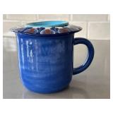 CD - Blue Ceramic Tea Mug with Patterned Lid - Handmade 4.5in Tall