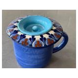 CD - Blue Ceramic Tea Mug with Patterned Lid - Handmade 4.5in Tall