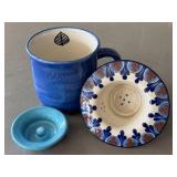 CD - Blue Ceramic Tea Mug with Patterned Lid - Handmade 4.5in Tall