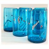 CD - Hand-Blown Blue Glass Tumblers - Set of 6, Signed