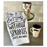 K - Amanda Barr Mugs (2) & Pastry Glass Pedestal - Whimsical Kitchen Towel