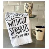 K - Amanda Barr Mugs (2) & Pastry Glass Pedestal - Whimsical Kitchen Towel