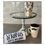 K - Amanda Barr Mugs (2) & Pastry Glass Pedestal - Whimsical Kitchen Towel