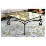 LR - Cocktail Table 48in Square Glass Top, Greek Key Iron Base, Antiqued Venetian Mirror