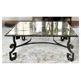 LR - Cocktail Table 48in Square Glass Top, Greek Key Iron Base, Antiqued Venetian Mirror
