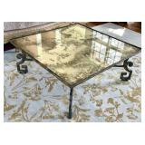 LR - Cocktail Table 48in Square Glass Top, Greek Key Iron Base, Antiqued Venetian Mirror