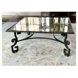 LR - Cocktail Table 48in Square Glass Top, Greek Key Iron Base, Antiqued Venetian Mirror