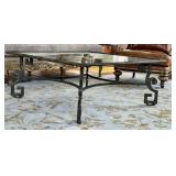 LR - Cocktail Table 48in Square Glass Top, Greek Key Iron Base, Antiqued Venetian Mirror