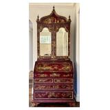 Vintage Maitland Smith Chinoiserie Red Lacquer Secretary Cabinet with Hand-Painted Gold Scenes