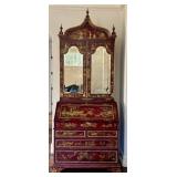 Vintage Maitland Smith Chinoiserie Red Lacquer Secretary Cabinet with Hand-Painted Gold Scenes