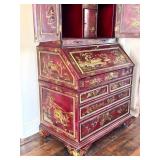 Vintage Maitland Smith Chinoiserie Red Lacquer Secretary Cabinet with Hand-Painted Gold Scenes