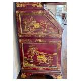 Vintage Maitland Smith Chinoiserie Red Lacquer Secretary Cabinet with Hand-Painted Gold Scenes