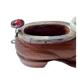 Antique Victorian Snuff Box - Wood & Bone Carved Boot with Red Gem Accent