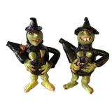 K - Witch Figurines (Lot of 2) Ceramic Green Halloween Decor