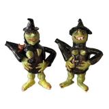 K - Witch Figurines (Lot of 2) Ceramic Green Halloween Decor