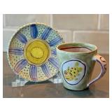 Amy Sabrina Ceramic Mug With Fish Motif, Signed 1998 - Includes Saucer (Dia 3.75 in)