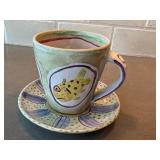 Amy Sabrina Ceramic Mug With Fish Motif, Signed 1998 - Includes Saucer (Dia 3.75 in)