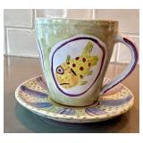 Amy Sabrina Ceramic Mug With Fish Motif, Signed 1998 - Includes Saucer (Dia 3.75 in)