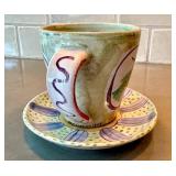 Amy Sabrina Ceramic Mug With Fish Motif, Signed 1998 - Includes Saucer (Dia 3.75 in)