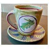 Amy Sabrina Ceramic Mug With Fish Motif, Signed 1998 - Includes Saucer (Dia 3.75 in)