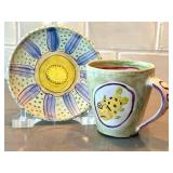 Amy Sabrina Ceramic Mug With Fish Motif, Signed 1998 - Includes Saucer (Dia 3.75 in)