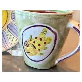 Amy Sabrina Ceramic Mug With Fish Motif, Signed 1998 - Includes Saucer (Dia 3.75 in)