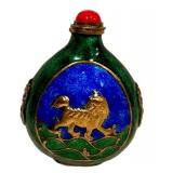 Asian Enamel Snuff Bottle - Green Body with Blue Panel & Gold Animal, 3 in tall