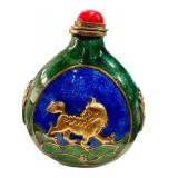 Asian Enamel Snuff Bottle - Green Body with Blue Panel & Gold Animal, 3 in tall