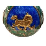 Asian Enamel Snuff Bottle - Green Body with Blue Panel & Gold Animal, 3 in tall