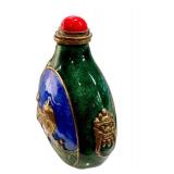 Asian Enamel Snuff Bottle - Green Body with Blue Panel & Gold Animal, 3 in tall