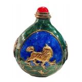 Asian Enamel Snuff Bottle - Green Body with Blue Panel & Gold Animal, 3 in tall