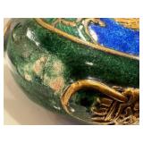 Asian Enamel Snuff Bottle - Green Body with Blue Panel & Gold Animal, 3 in tall