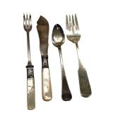 Vintage Mother-of-Pearl Silverware Set - 4-Piece with Sterling Bands (Monograms B and W)