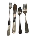 Vintage Mother-of-Pearl Silverware Set - 4-Piece with Sterling Bands (Monograms B and W)