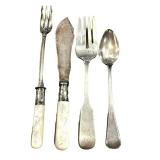 Vintage Mother-of-Pearl Silverware Set - 4-Piece with Sterling Bands (Monograms B and W)