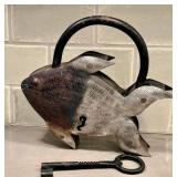 KP - Metal Fish Sculpture Padlock - Working Lock with Skeleton Key
