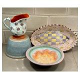 Artisan Crafted Ceramic Pottery Lot - Pitcher, Oval Plate & Bowl (Lot of 3)