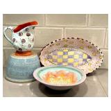 Artisan Crafted Ceramic Pottery Lot - Pitcher, Oval Plate & Bowl (Lot of 3)