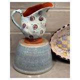 Artisan Crafted Ceramic Pottery Lot - Pitcher, Oval Plate & Bowl (Lot of 3)