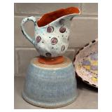 Artisan Crafted Ceramic Pottery Lot - Pitcher, Oval Plate & Bowl (Lot of 3)